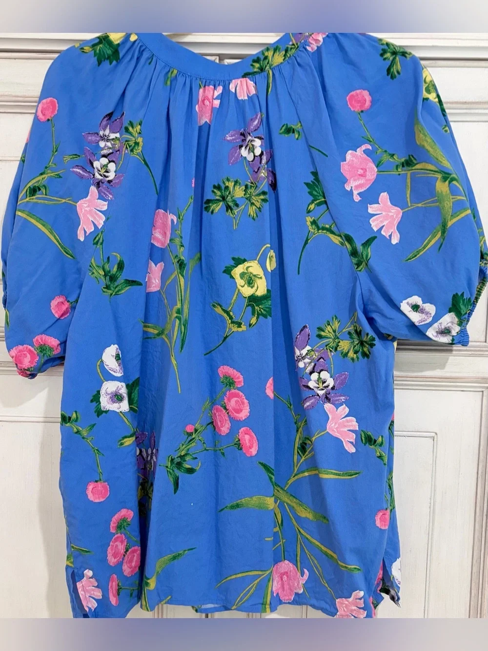 PRELOVED SZ L LOFT Cobalt Blue Floral Tie-Neck Puff Sleeve Top